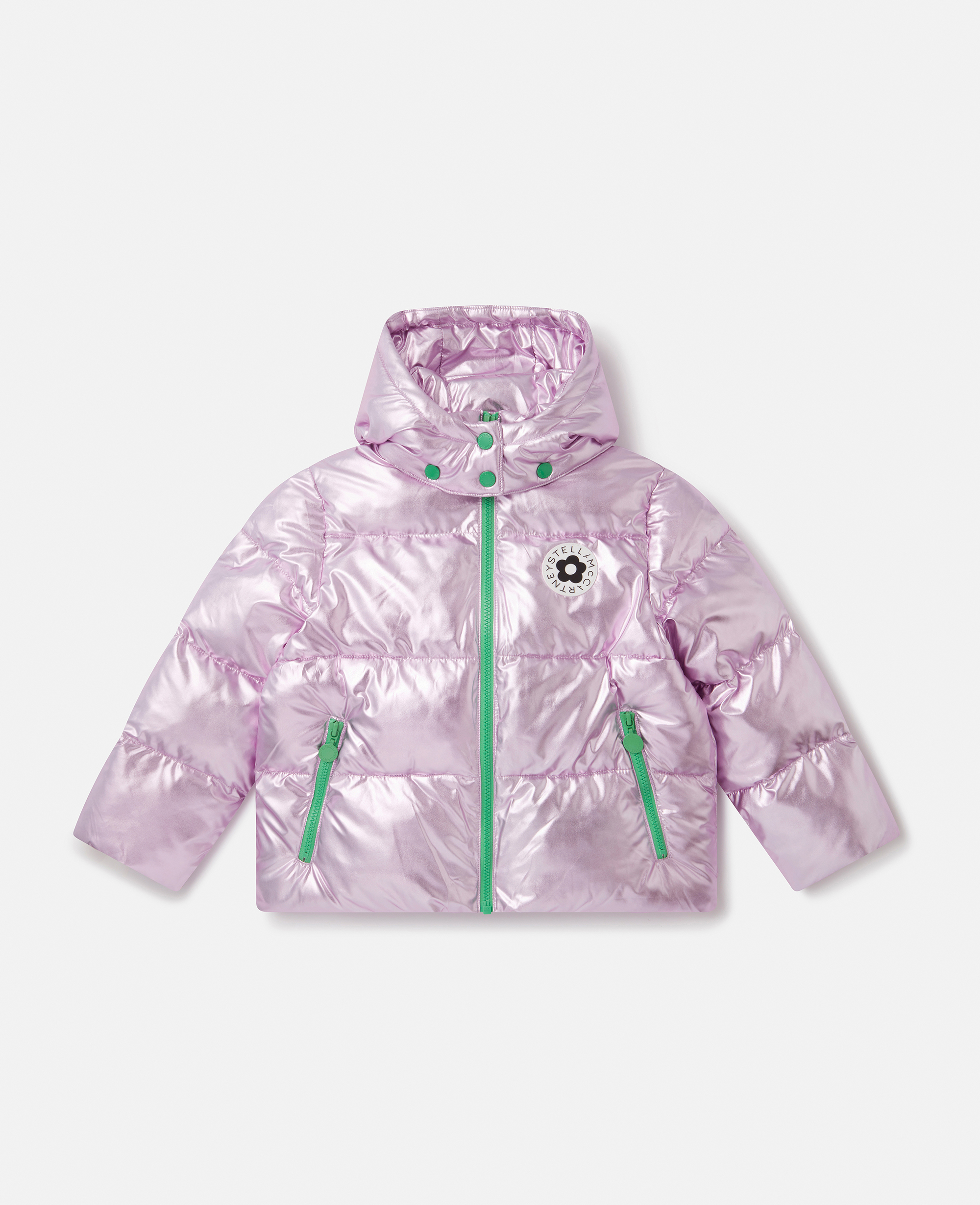 Shop Stella Mccartney Metallic Puffer Coat In Lavender