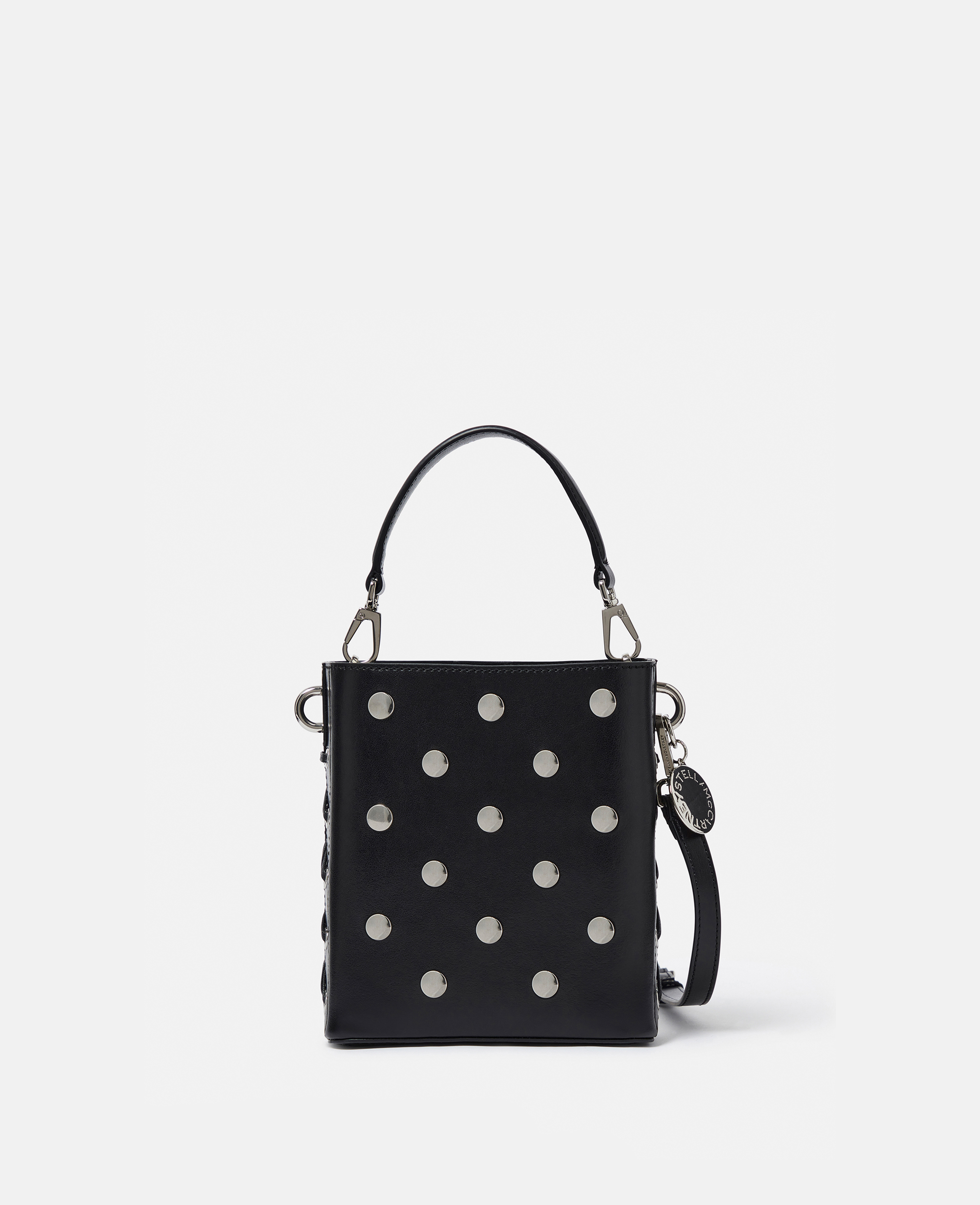 Shop Stella Mccartney Frayme Studded Small Bucket Bag In Pitch Black