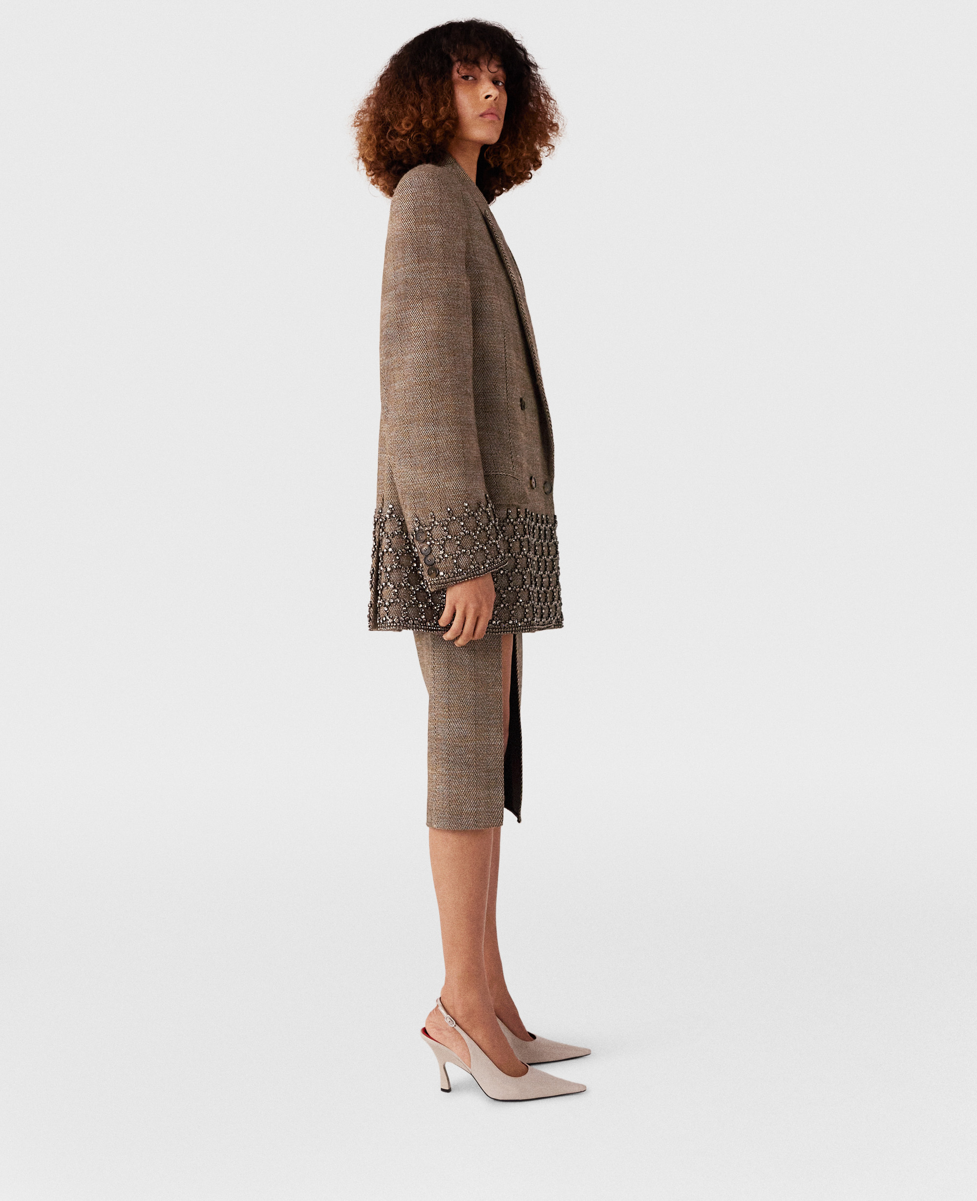 Shop Stella Mccartney Crystal Cage Oversized Blazer In Beige Tweed