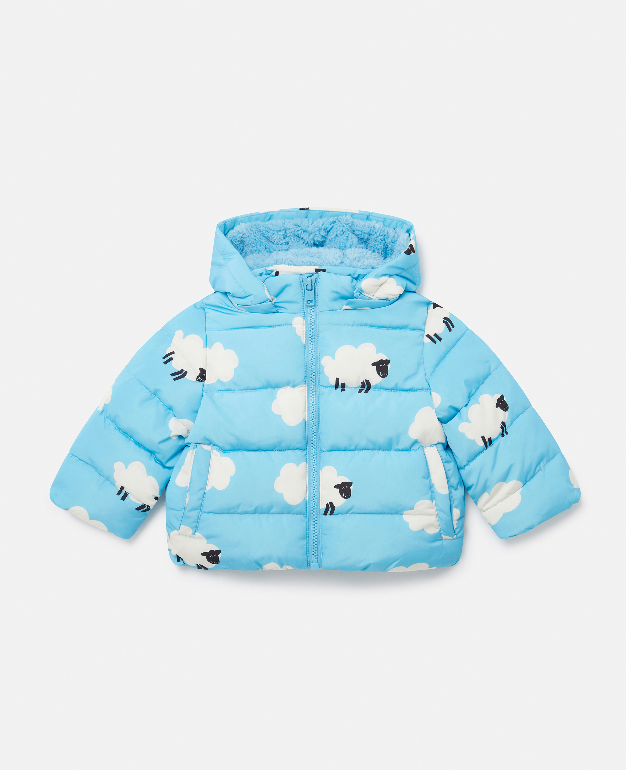 Shop Stella Mccartney Sheep Pattern Hooded Puffer Coat In Blue And White