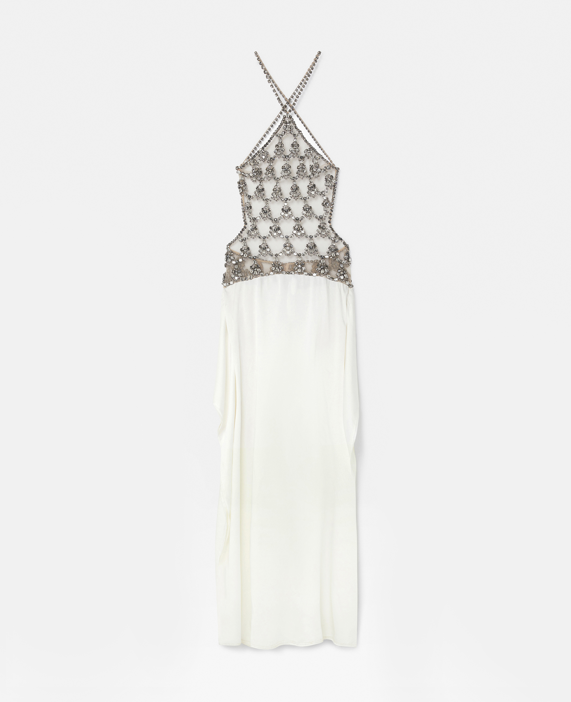 Shop Stella Mccartney Crystal Cage Halterneck Maxi Dress In Silver And Pure White