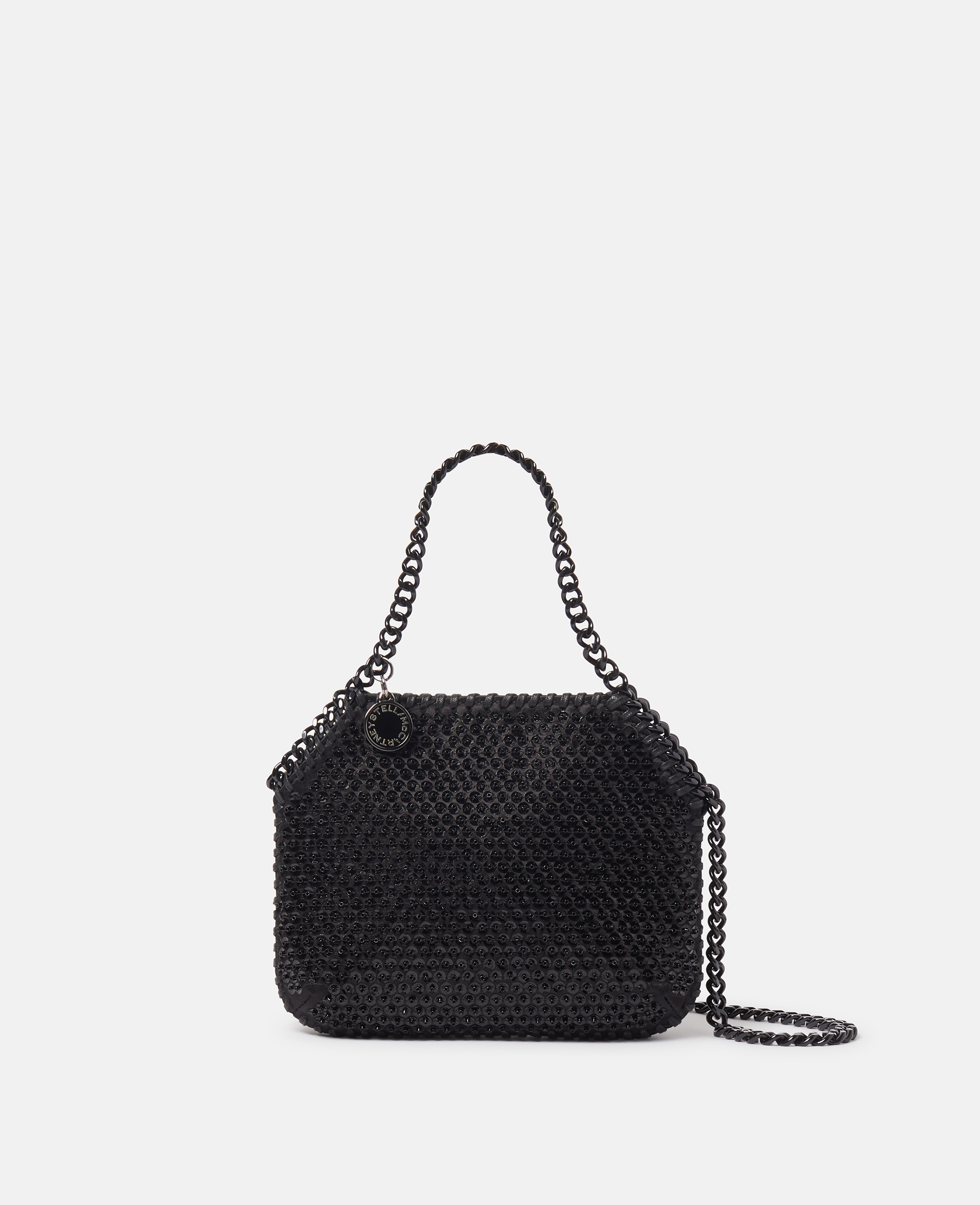 Shop Stella Mccartney Falabella Sequin Tiny Tote Bag In High-shine Black